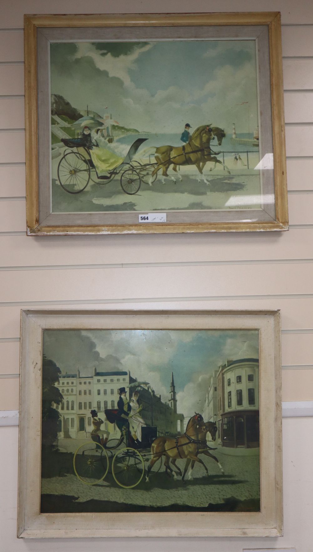 Doris Zinkeisen, two colour prints, Carriages beside the sea and In Town, 49 x 60cm